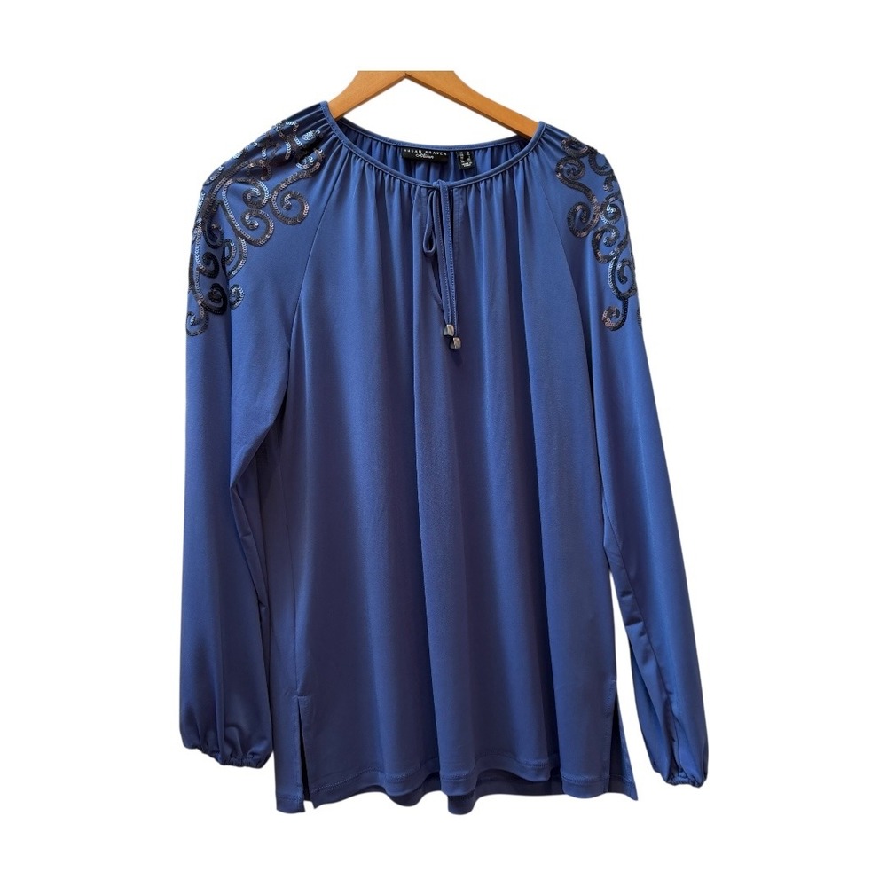 Susan Graver Artisan‎ Blue Sequin Scroll Shoulder Liquid Knit Top Womens Large